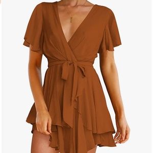 Women's Dress Deep V-Neck Long Sleeve Waist Tie Ruffle Mini Swing Skater Dresses